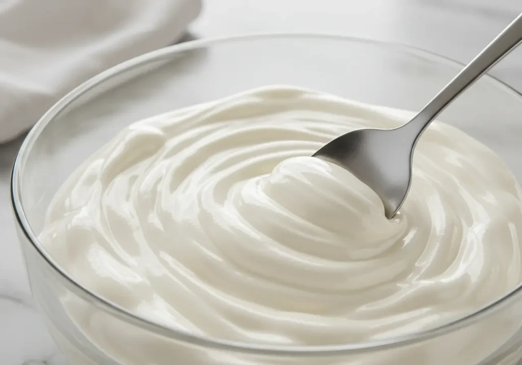 Cream cheese glaze recipe being poured into a bowl, showing silky texture