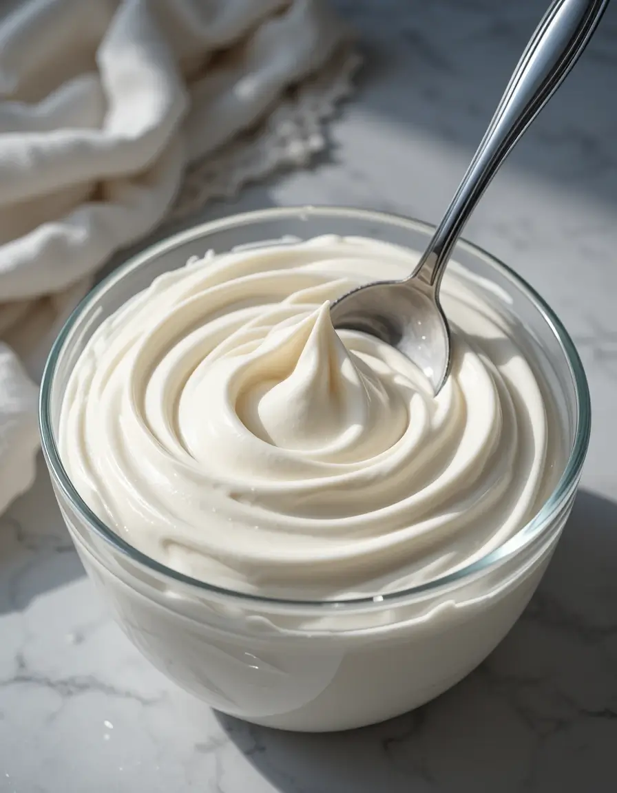 Thick and creamy cream cheese glaze in a glass bowl with a spoon, ready to drizzle over desserts