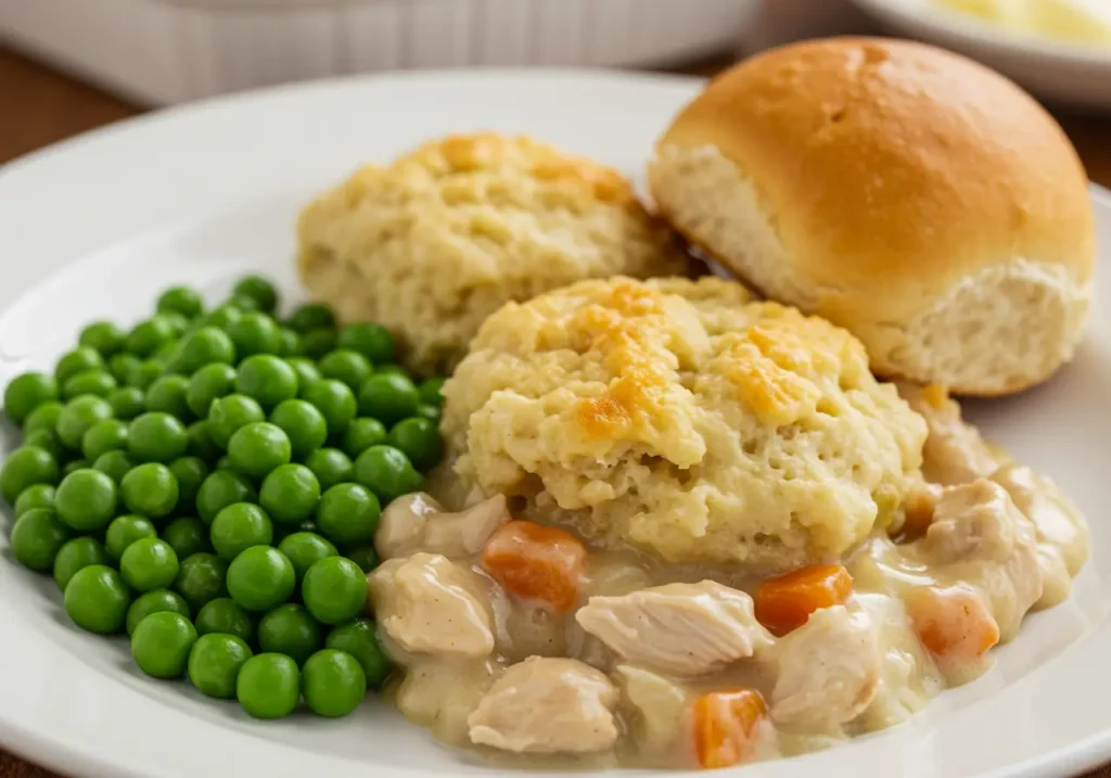 Chicken and dumpling casserole on plate with peas and dinner roll