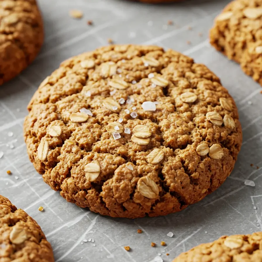 Perfectly baked vegan oatmeal cookie topped with oats and sea salt, styled on parchment with rustic texture and crisp edges