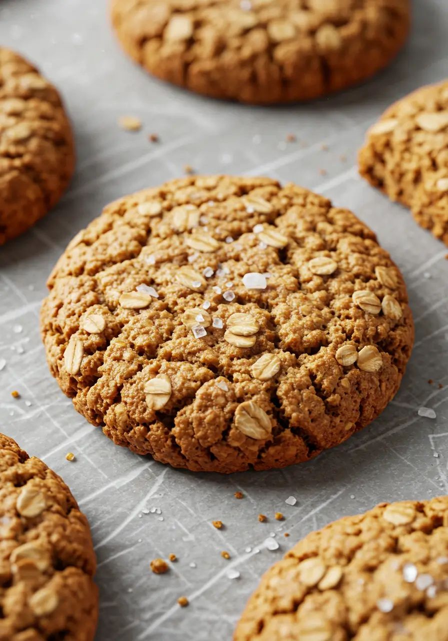 Perfectly baked vegan oatmeal cookie topped with oats and sea salt, styled on parchment with rustic texture and crisp edges
