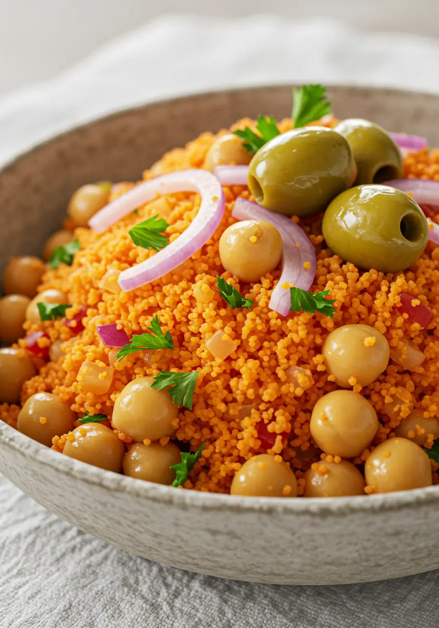 Bulgur wheat pilaf served with tomatoes, green olives, parsley, and red onions in a Mediterranean bowl