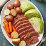 Sliced Instant Pot Corned Beef served with baby carrots, red potatoes, and fresh cabbage on a rustic white platter.