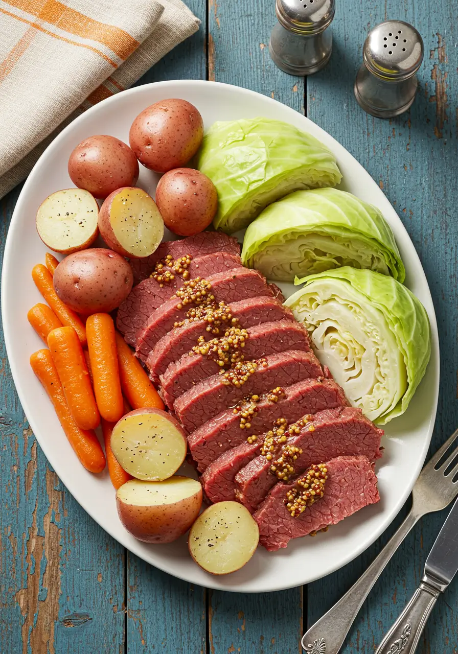 Sliced Instant Pot Corned Beef served with baby carrots, red potatoes, and fresh cabbage on a rustic white platter.