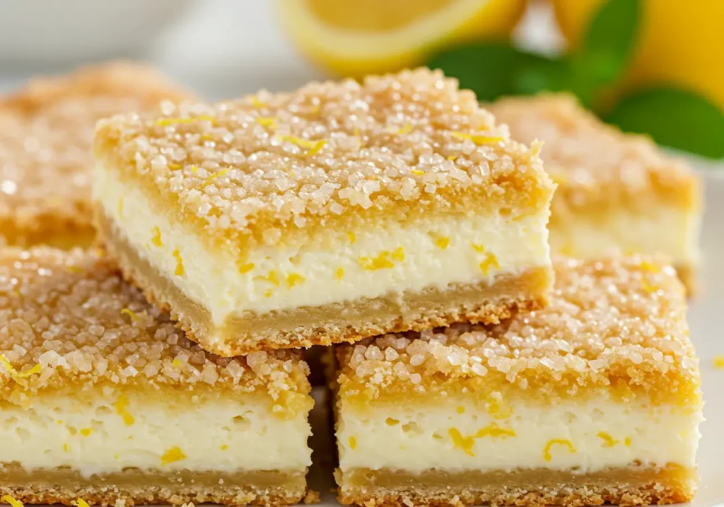 Three lemon cream cheese bars stacked in front of sliced lemons