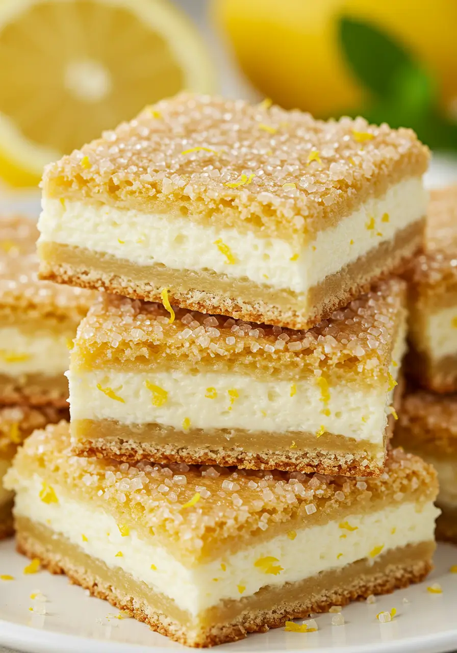 Close-up of lemon cream cheese bars showing layers of creamy filling, buttery crust, and lemon zest topping