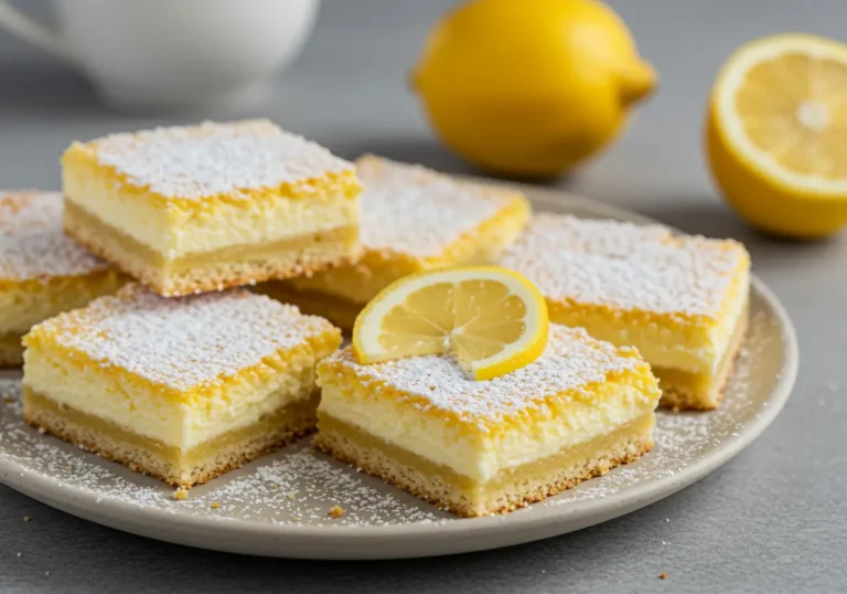 Lemon squares with cream cheese dusted with powdered sugar on a plate with fresh lemons in the background