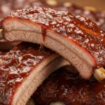 Pellet smoker beef ribs stacked with thick bark and saucy layers