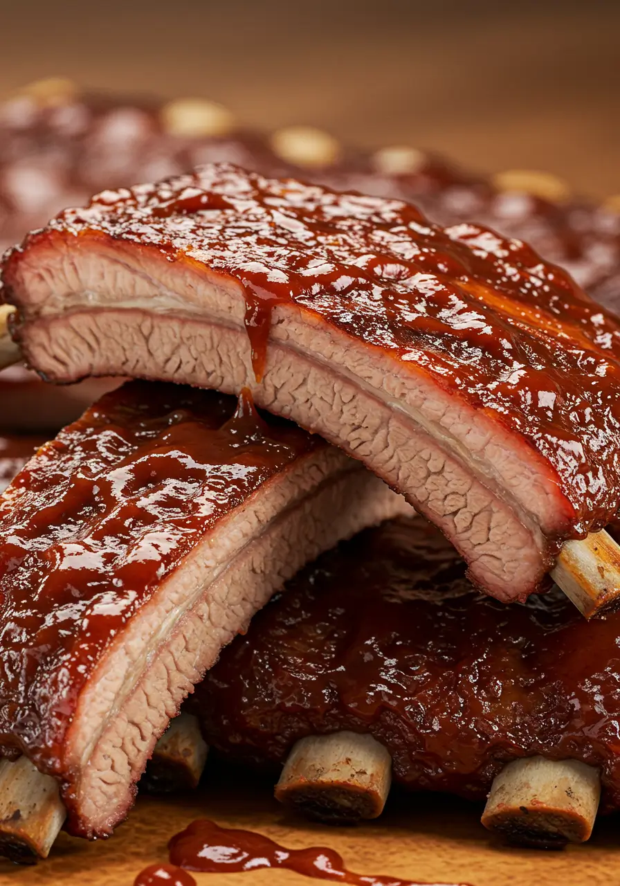 Pellet smoker beef ribs stacked with thick bark and saucy layers