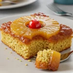 Slice of pineapple upside down cake with cake mix showing caramelized pineapple topping and fork with a bite