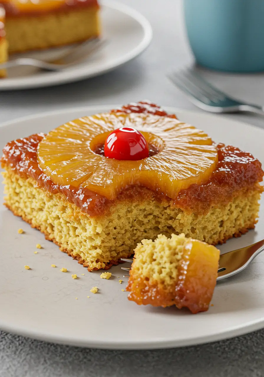 Slice of pineapple upside down cake with cake mix showing caramelized pineapple topping and fork with a bite