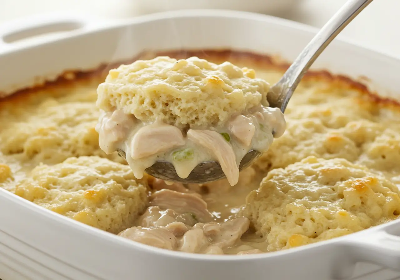 Spoon scooping creamy chicken and dumpling casserole from baking dish