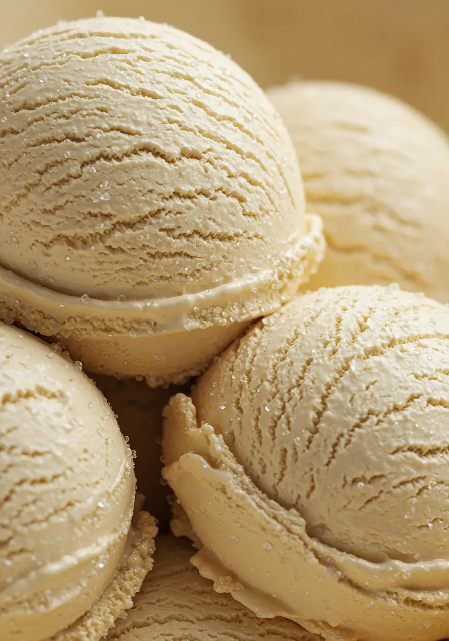 Close-up of multiple scoops of gluten-free vanilla ice cream with crystal texture