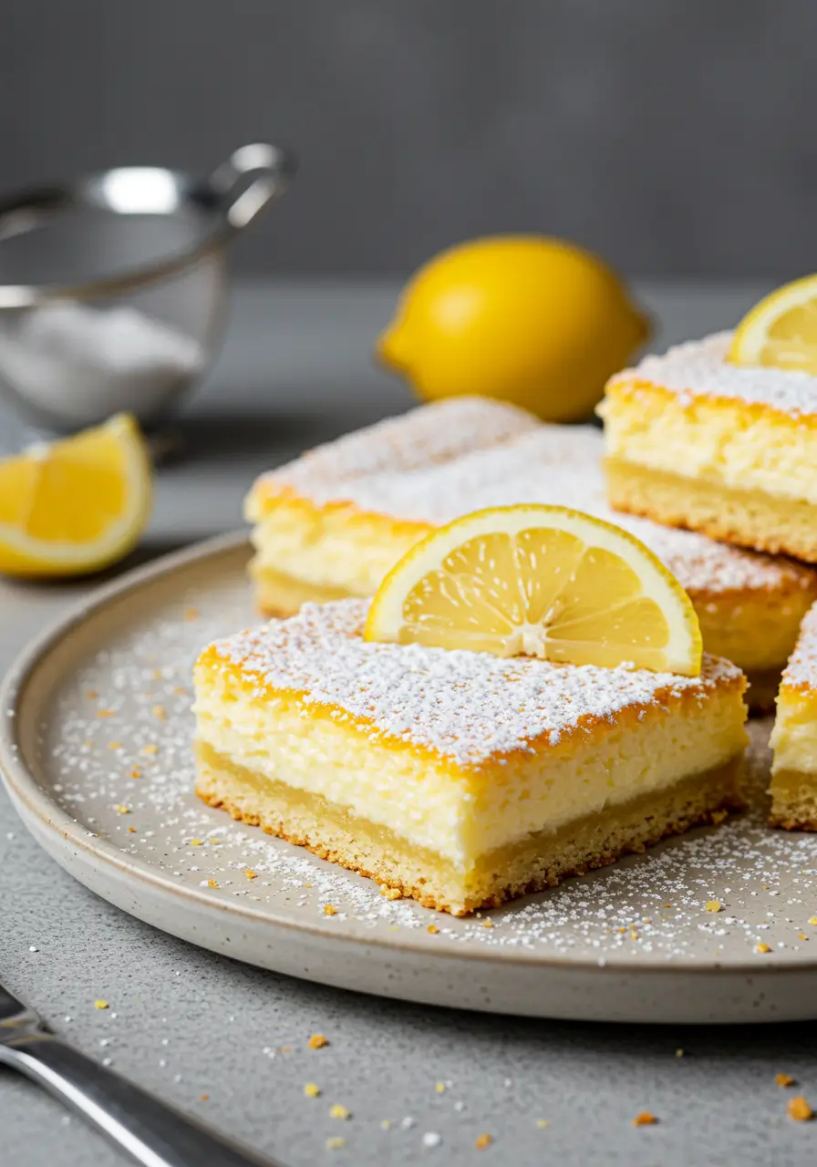 Close-up of a lemon square with cream cheese topped with lemon slice and powdered sugar on a ceramic plate