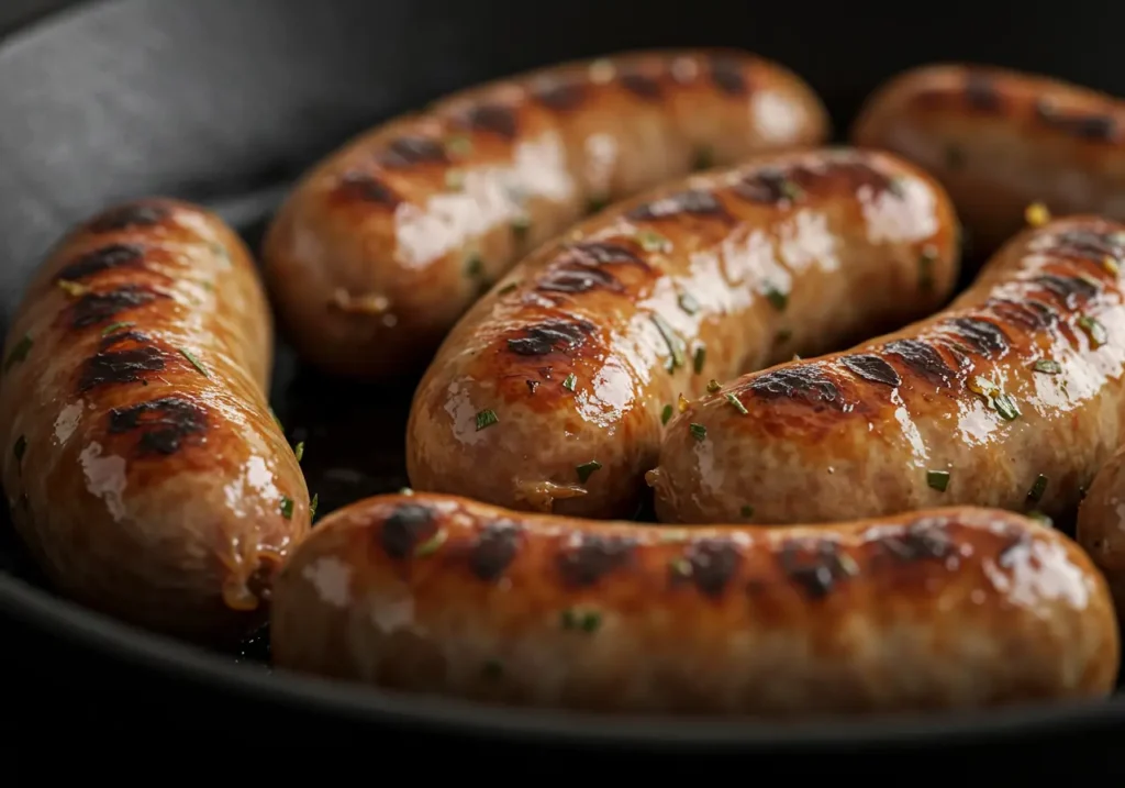 Smoked deer sausages browning in a skillet with glistening skins and herb seasoning