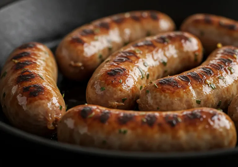 Home Page 6 Smoked deer sausages browning in a skillet with glistening skins and herb seasoning