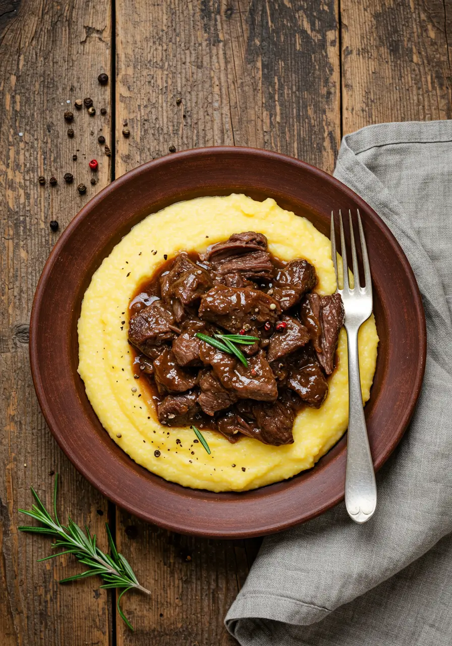 Tender braised beef cheek meat shredded and served over creamy polenta, styled with cracked pepper and rosemary