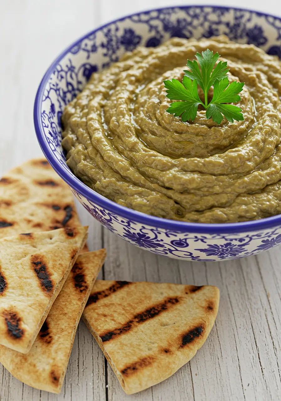 Turkish dips eggplant served in a traditional bowl with grilled flatbread on a rustic table