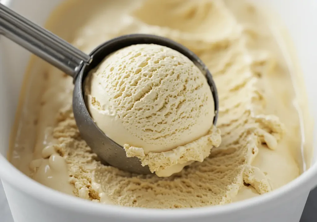 Scooping creamy gluten-free vanilla ice cream from a container with a metal scoop