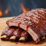 Smoked ribs stacked on a wooden board with smoke swirling in the background