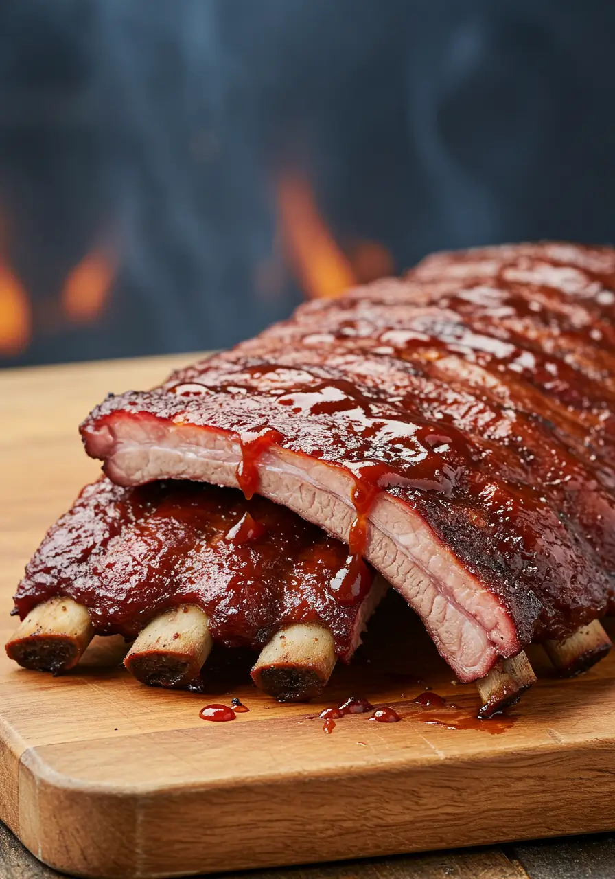 Smoked ribs stacked on a wooden board with smoke swirling in the background