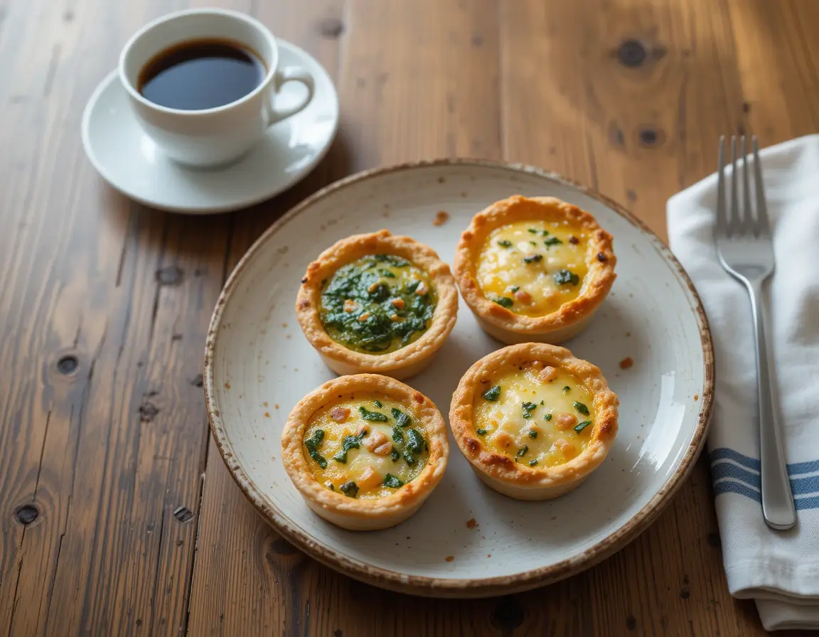 Overhead view of a plate of golden-brown Costco mini quiches with coffee on a breakfast table