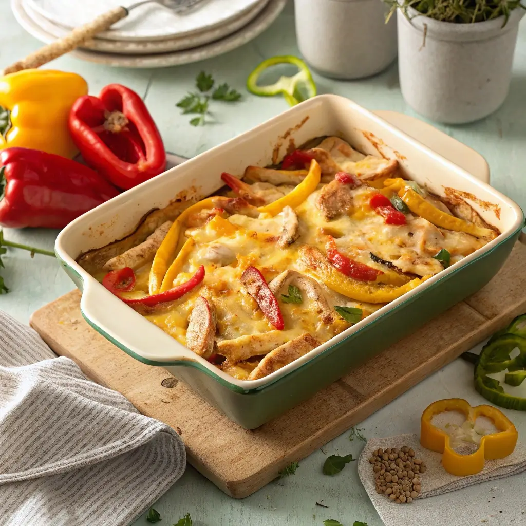 Freshly baked cheesy chicken fajita bake in a rectangular dish with melted cheese