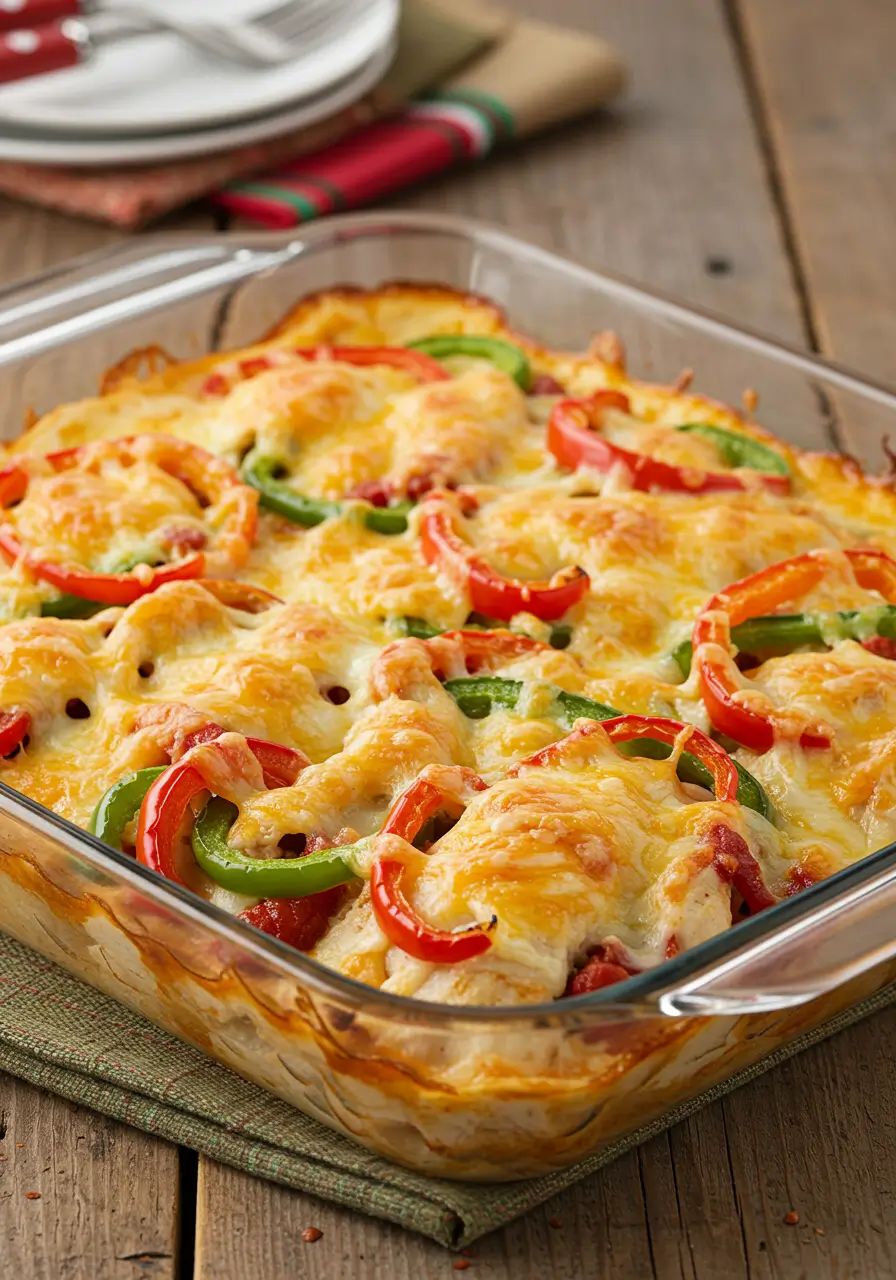 Oven-baked cheesy chicken fajitas in a casserole dish with bell peppers and golden cheese, resting on a rustic wooden table.