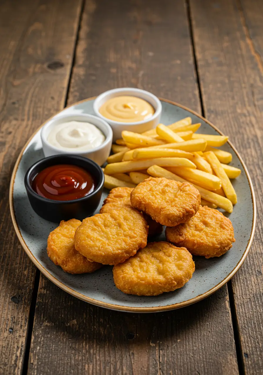 Plate of chicken nuggets and French fries with ketchup, ranch, and mustard dipping sauces on a rustic wooden table