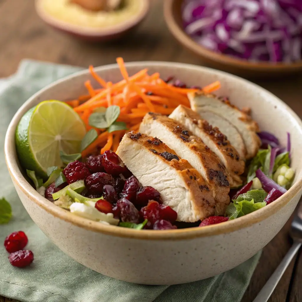 A vibrant flat-lay view of chopped chicken, vegetables, and dressing before tossing the Asian salad