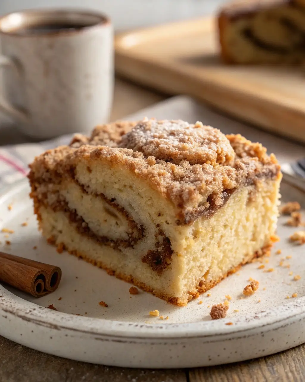 Gluten free crumb cake with golden topping on ceramic plate