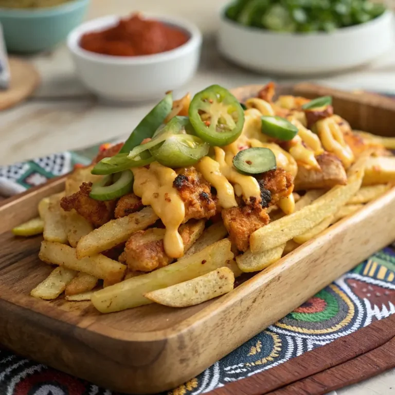 Home Page 4 Mexican chicken cheese fries with spicy chicken, melted cheese, and jalapeños on wooden platter