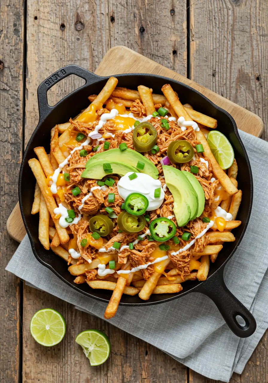 Mexican Chicken Fries in cast iron skillet with Tinga chicken, avocado, jalapeños, sour cream, cheddar, and lime wedges