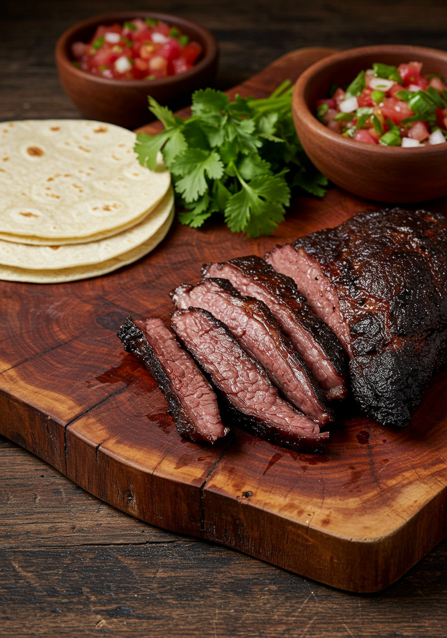 Sliced smoked beef cheeks with tortillas and fresh salsa for taco assembly