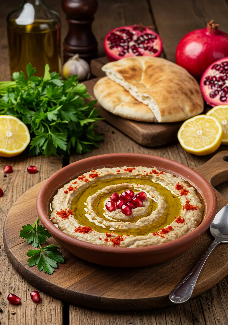 Authentic Turkish eggplant dip on a wooden platter topped with paprika, olive oil, and pomegranate seeds