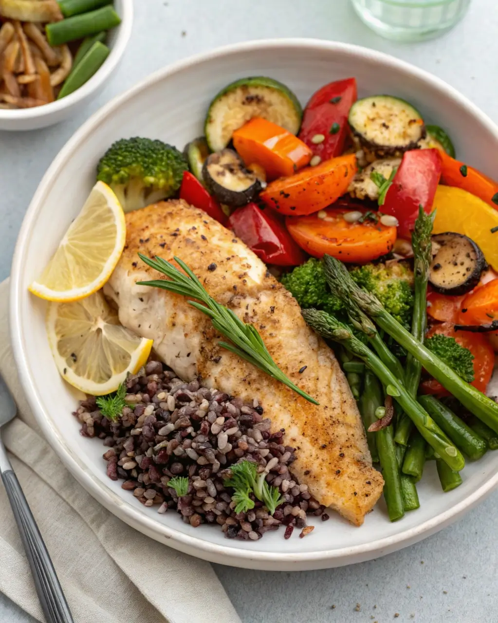 Grilled tilapia with wild rice and roasted vegetables – best healthy sides for tilapia