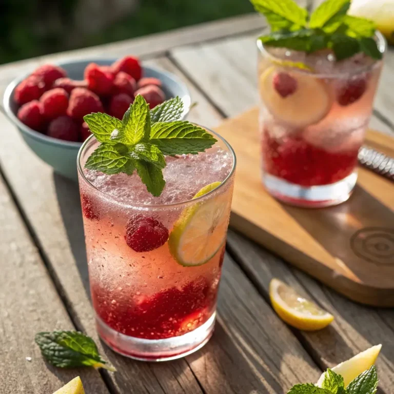 Home Page 3 A close-up of a chilled glass of Raspberry Lemon Breeze garnished with mint, taken in natural sunlight, condensation on the glass, wood picnic table background