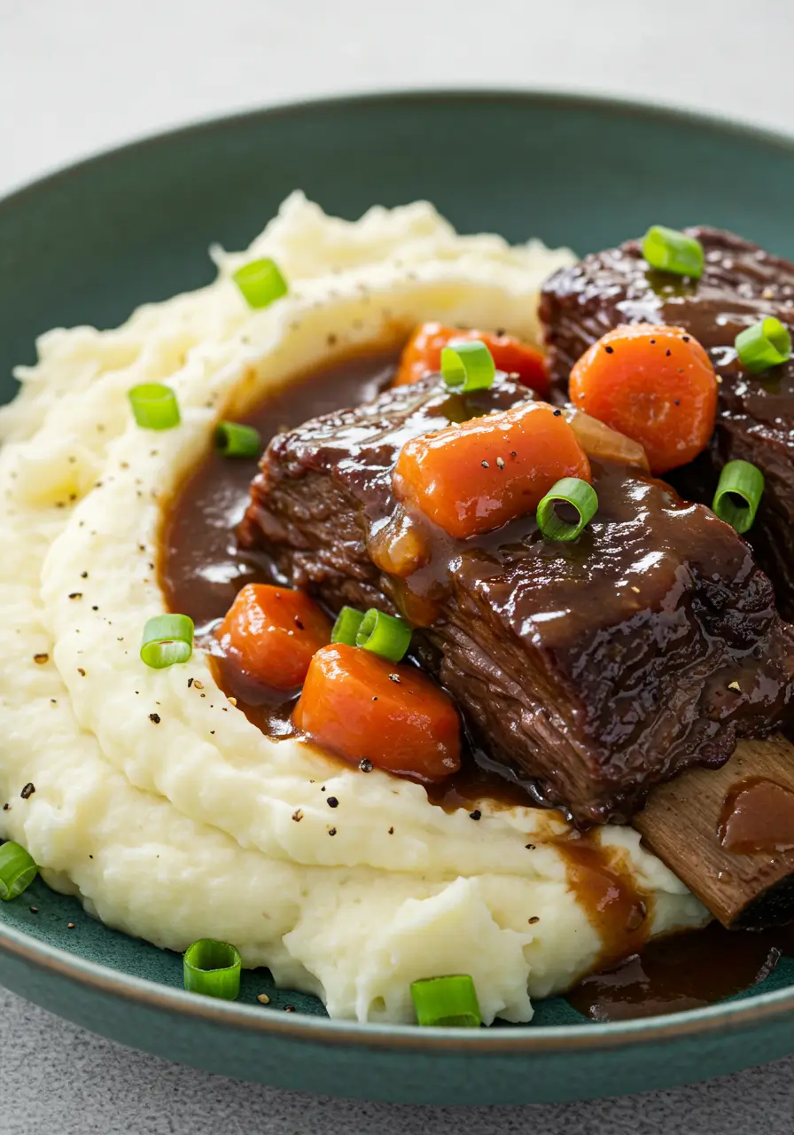 Braised flat short ribs with mashed potatoes and carrots