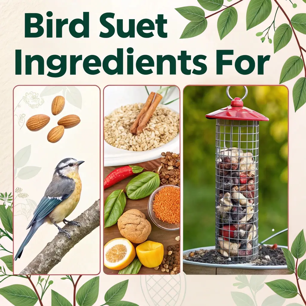 Bird suet recipe infographic with key ingredients and backyard bird feeding tips