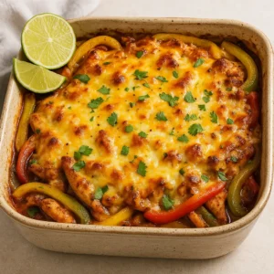 Square image of cheesy chicken fajita bake with melted cheese and bell peppers