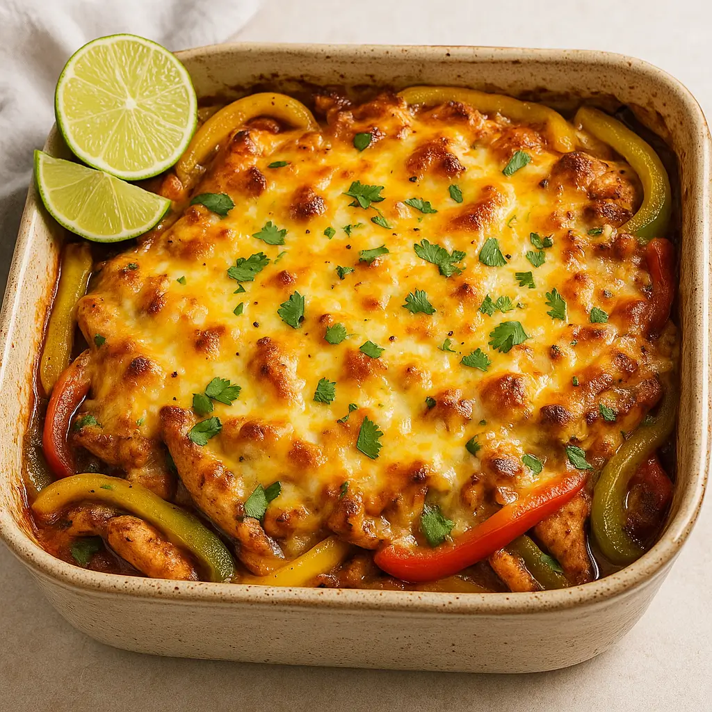 Square image of cheesy chicken fajita bake with melted cheese and bell peppers