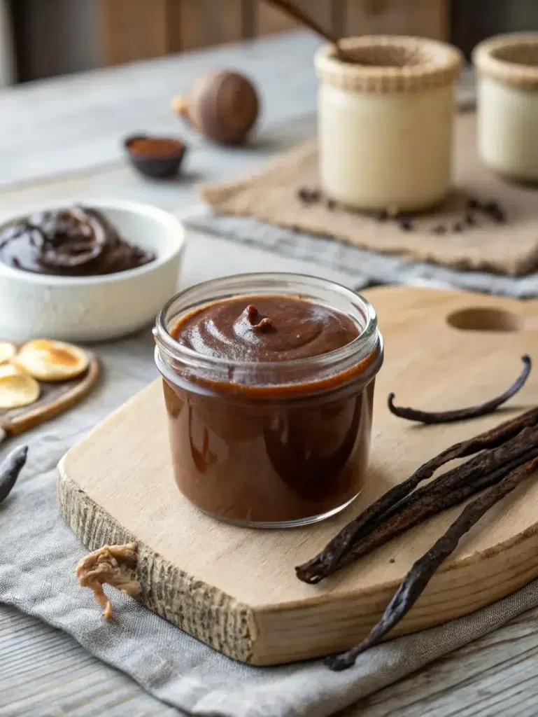 Finished vanilla paste in a glass jar with real vanilla bean specks