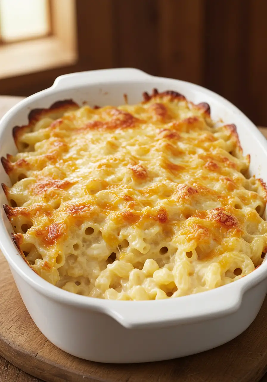 Close-up of Creamette elbow macaroni and cheese with browned cheese on top in a white baking dish