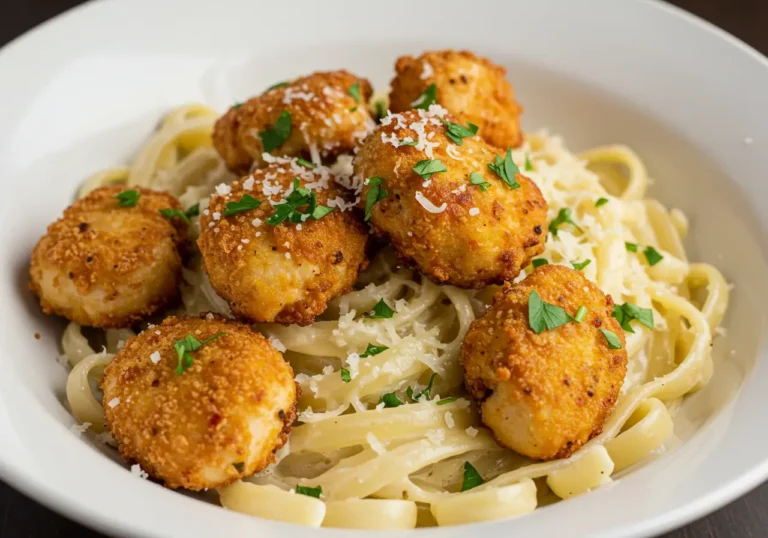 Home Page 3 Golden garlic chicken bites over creamy parmesan pasta garnished with parsley in a white plate