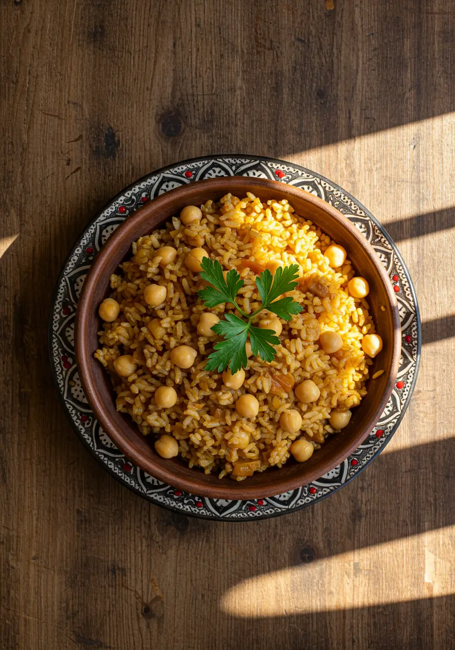 Steaming plate of nohutlu pilav Turkish rice with chickpeas and parsley