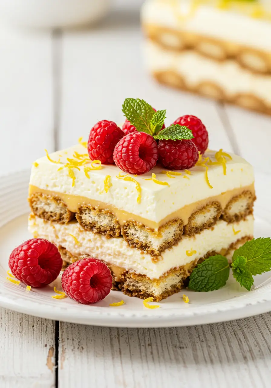 Best lemon raspberry tiramisu with fresh raspberries and mint on a white plate