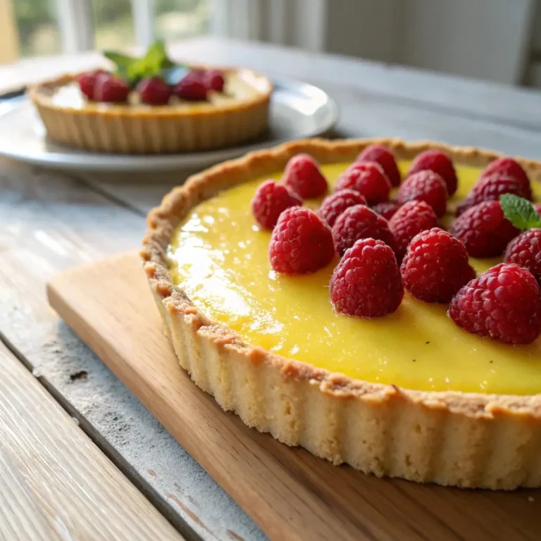 Home Page 9 Close-up of a homemade lemon tart with fresh raspberries on top, golden crust, natural light, wooden table background – captured on Samsung S24 Ultra.