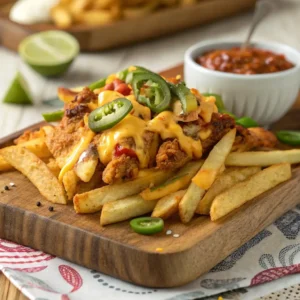 Mexican chicken cheese fries on wooden platter