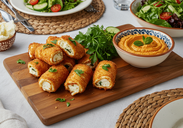 Home Page 1 Oven fried feta rolls with chili honey served with red pepper dip and fresh salad, Easy Recipe Step by Step