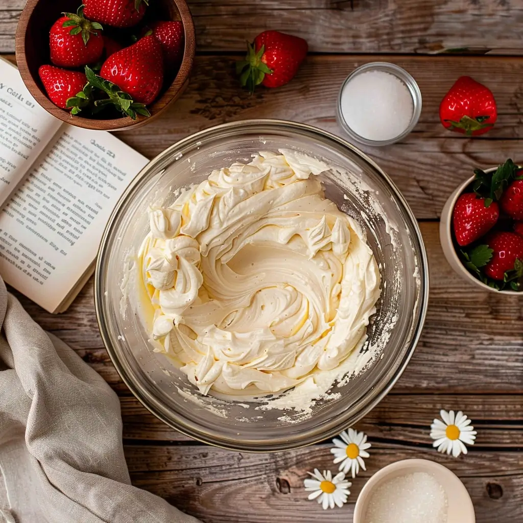 Cheesecake filling for Strawberry Cheesecake Cookies in a mixing bowl
